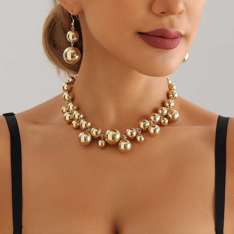 Golden Bead Cluster Necklace with Earrings