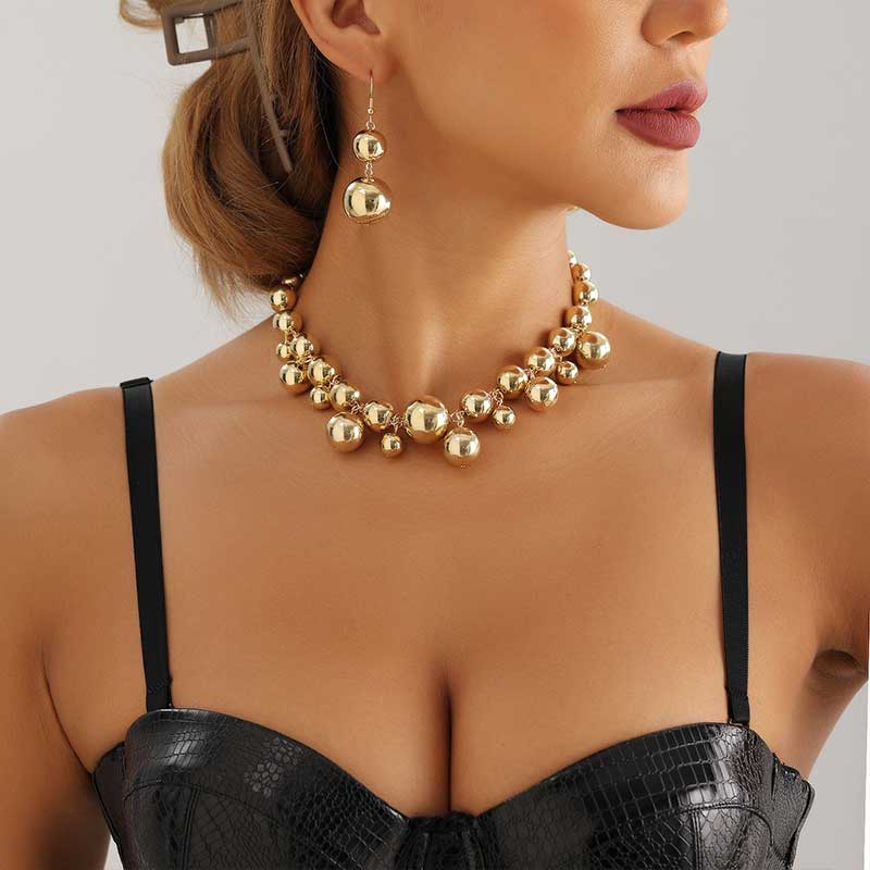 Golden Bead Cluster Necklace with Earrings