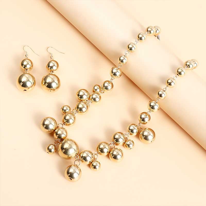 Golden Bead Cluster Necklace with Earrings